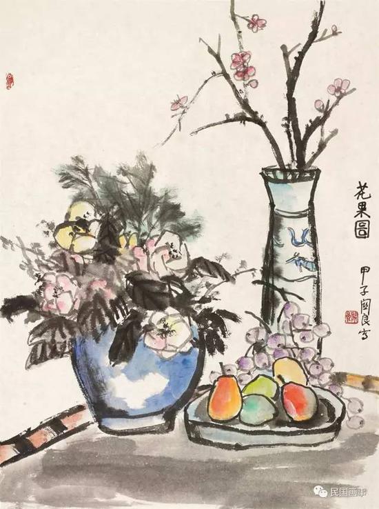 关良《花果图》,镜框,设色纸本,80×60cm