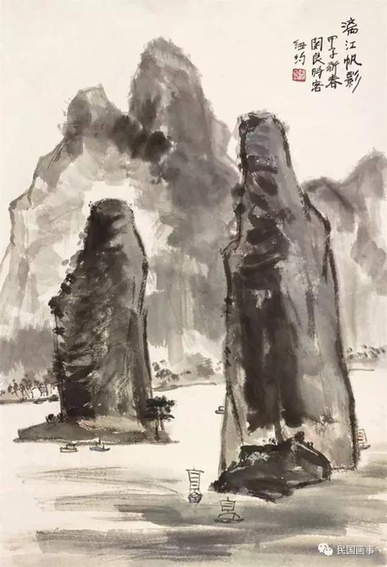 关良《漓江帆影》,立轴,设色纸本,78×54cm