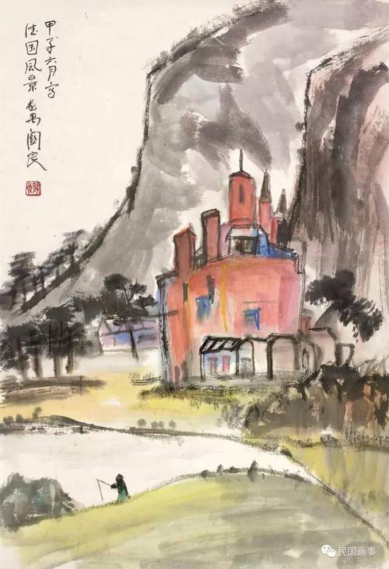 关良《德国风景》,镜框,设色纸本,53.5×79cm