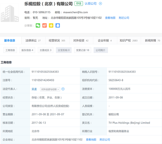 乐视控股法定代表人变更：由贾跃亭变更为吴孟