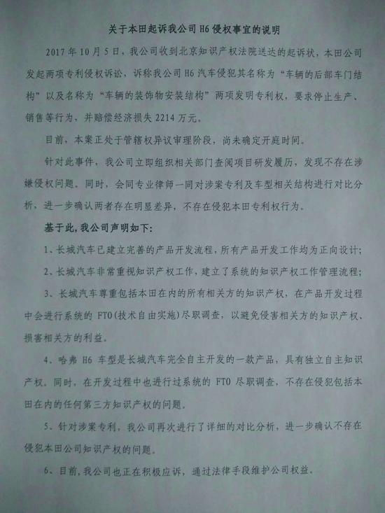 本田状告哈弗H6汽车侵犯专利权 长城汽车称不存在
