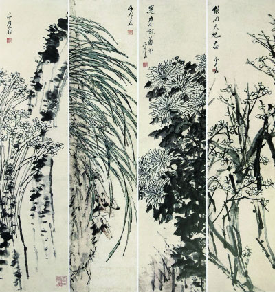 四季花卉(国画) 133.2×31厘米×4 虚谷 清代 中国美术馆藏