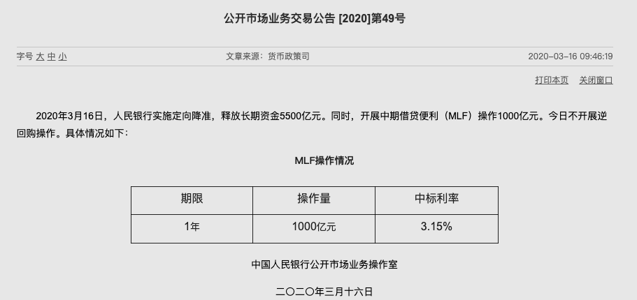 没降！央行开展1000亿元MLF操作，利率与之前持平 